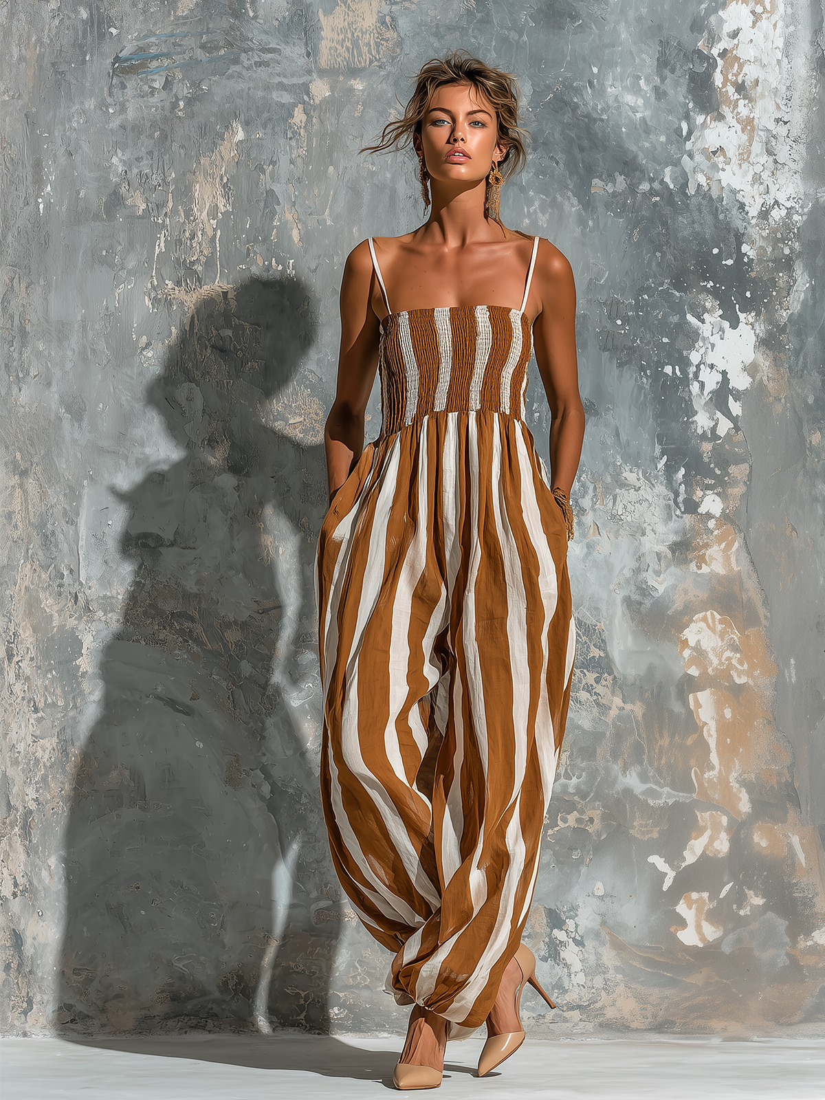 Chic Elegant Caramel-White Stripe Spaghetti-Strap Smocked Sleeveless Loose-Fit Cotton-Linen Blend Wide-Leg Jumpsuit