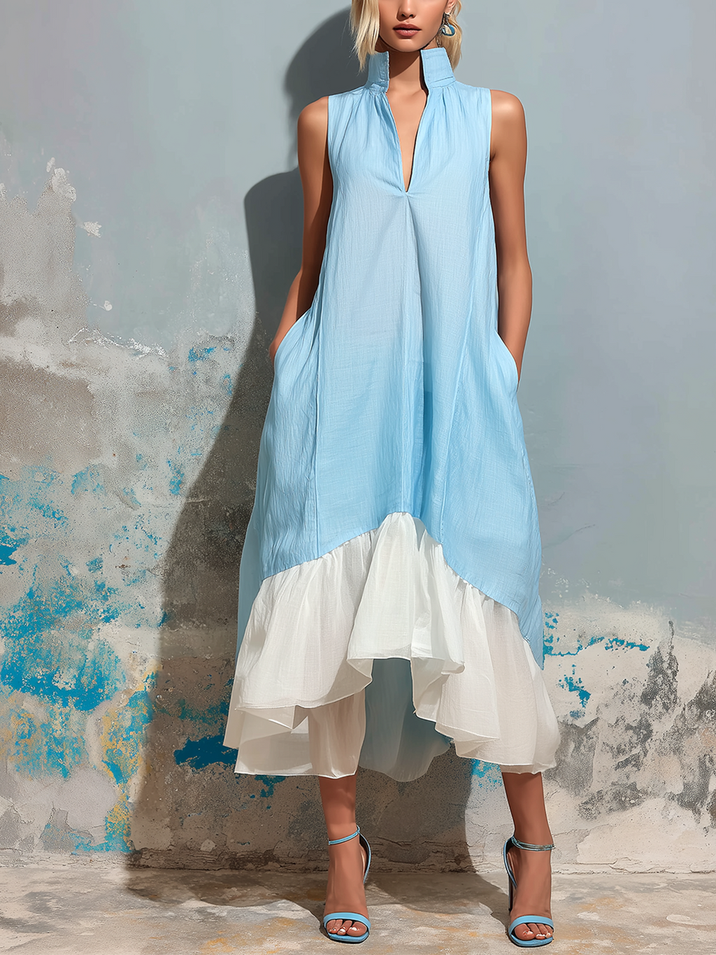 Chic Elegant Blue-White Colorblock Stand Collar V-Neck Asymmetrical Ruffle A-Line Cotton-Linen Blend Midi Dress