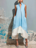 Chic Elegant Blue-White Colorblock Stand Collar V-Neck Asymmetrical Ruffle A-Line Cotton-Linen Blend Midi Dress