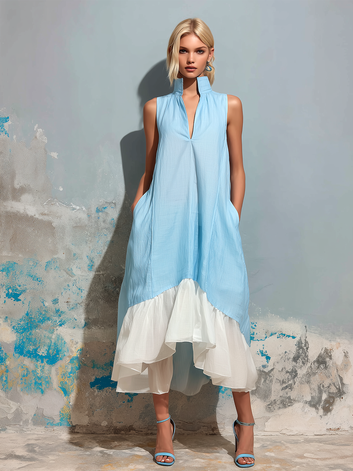 Chic Elegant Blue-White Colorblock Stand Collar V-Neck Asymmetrical Ruffle A-Line Cotton-Linen Blend Midi Dress