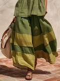 Retro-style Vacation Color-blocked Cotton And Linen Wide-leg Pants