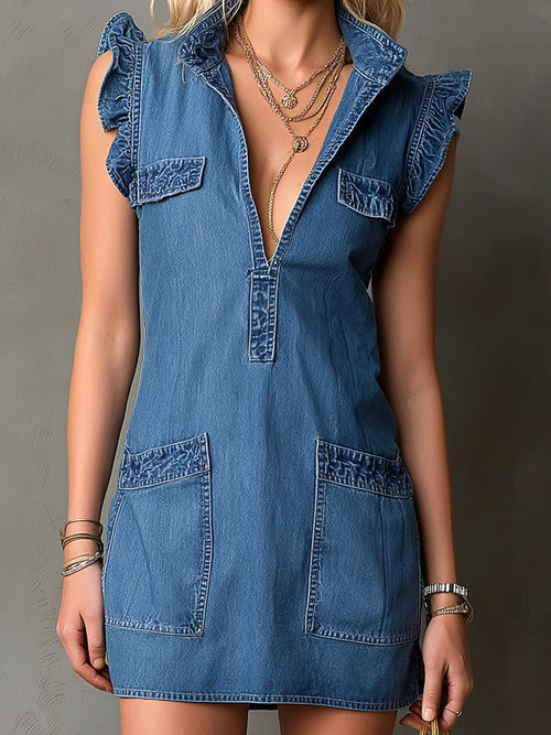 Chic Elegant Blue Denim Washed Stand Collar V-Neck Sleeveless Ruffle Detail Patch Pockets Loose-Fit Mini Dress