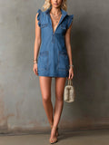 Chic Elegant Blue Denim Washed Stand Collar V-Neck Sleeveless Ruffle Detail Patch Pockets Loose-Fit Mini Dress