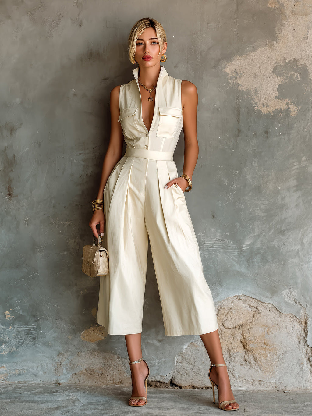 Chic Elegant Cream White Cotton Blend V-Neck Button-Front Chest Pockets Sleeveless Tailored-Waist Wide-Leg Cropped Jumpsuit