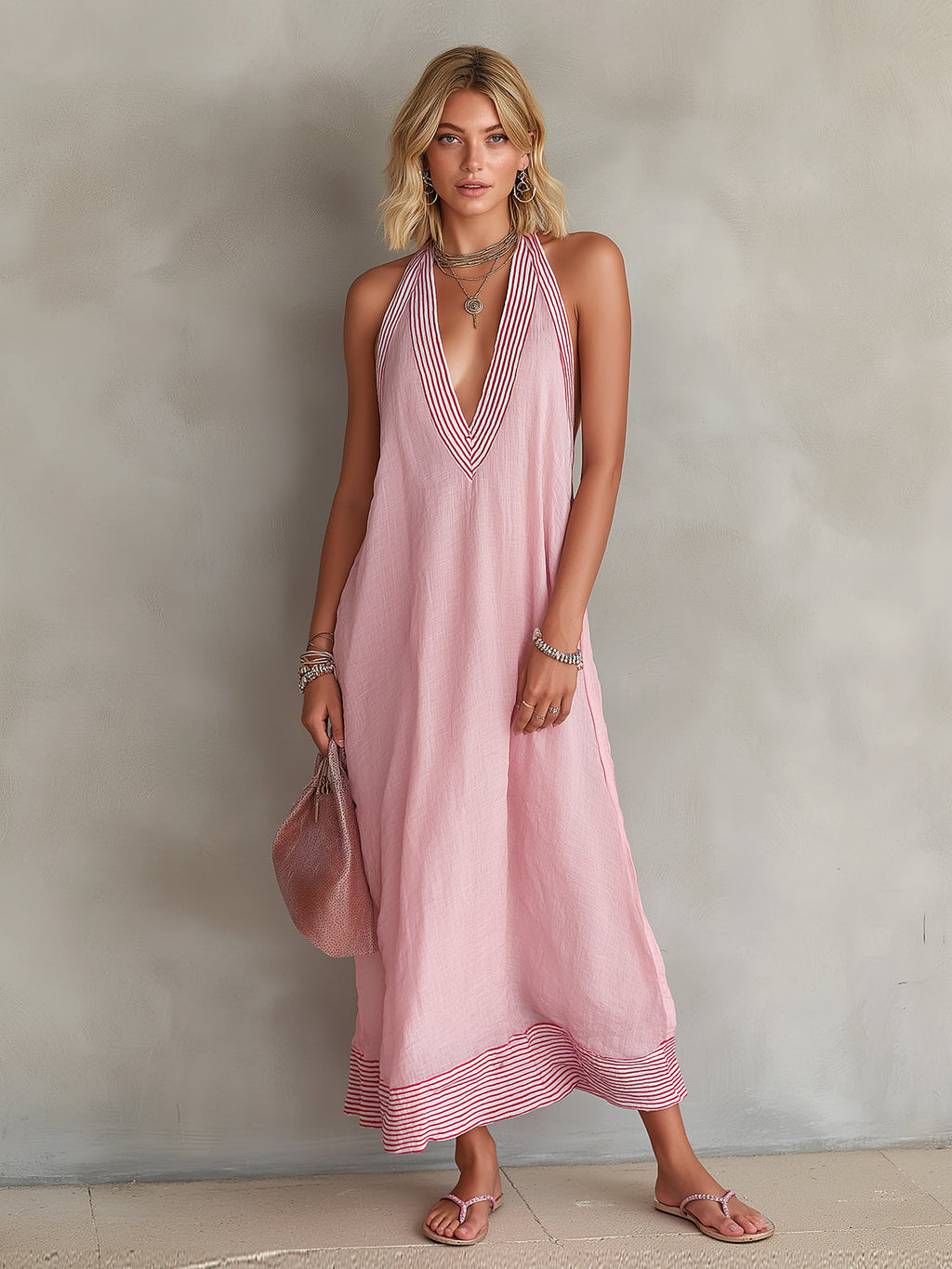 Chic Elegant Pink Stripes Cotton-Linen Blend Colorblock Deep V-Neck Oversize A-Line Maxi Dress