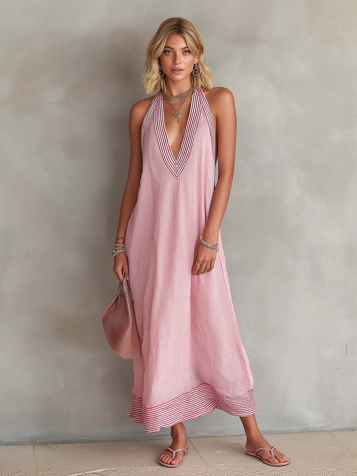 Chic Elegant Pink Stripes Cotton-Linen Blend Colorblock Deep V-Neck Oversize A-Line Maxi Dress