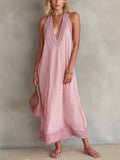 Chic Elegant Pink Stripes Cotton-Linen Blend Colorblock Deep V-Neck Oversize A-Line Maxi Dress