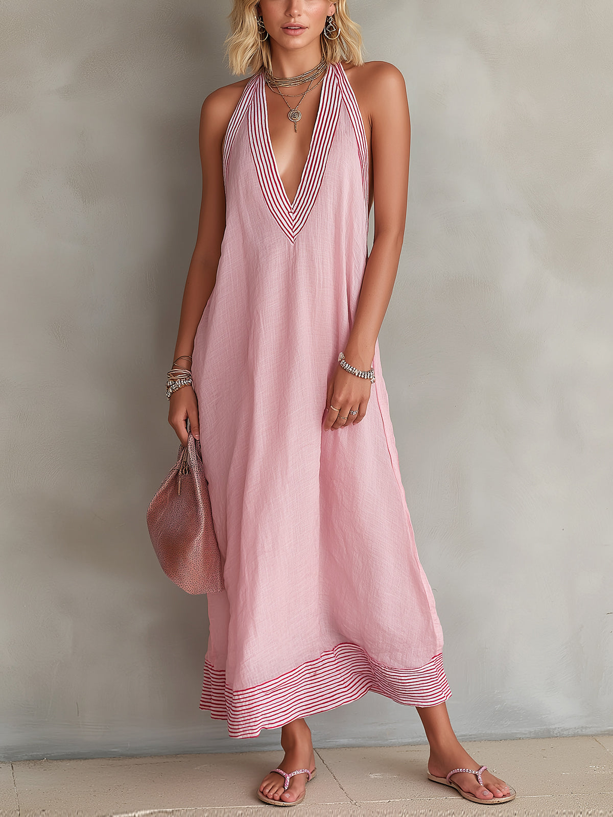 Chic Elegant Pink Stripes Cotton-Linen Blend Colorblock Deep V-Neck Oversize A-Line Maxi Dress