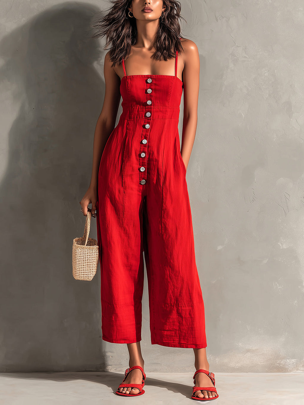 Chic Elegant Red Cotton Washed Spaghetti-Strap Square-Neck Sleeveless Button-Front Tailored-Waist Wide-Leg Jumpsuit