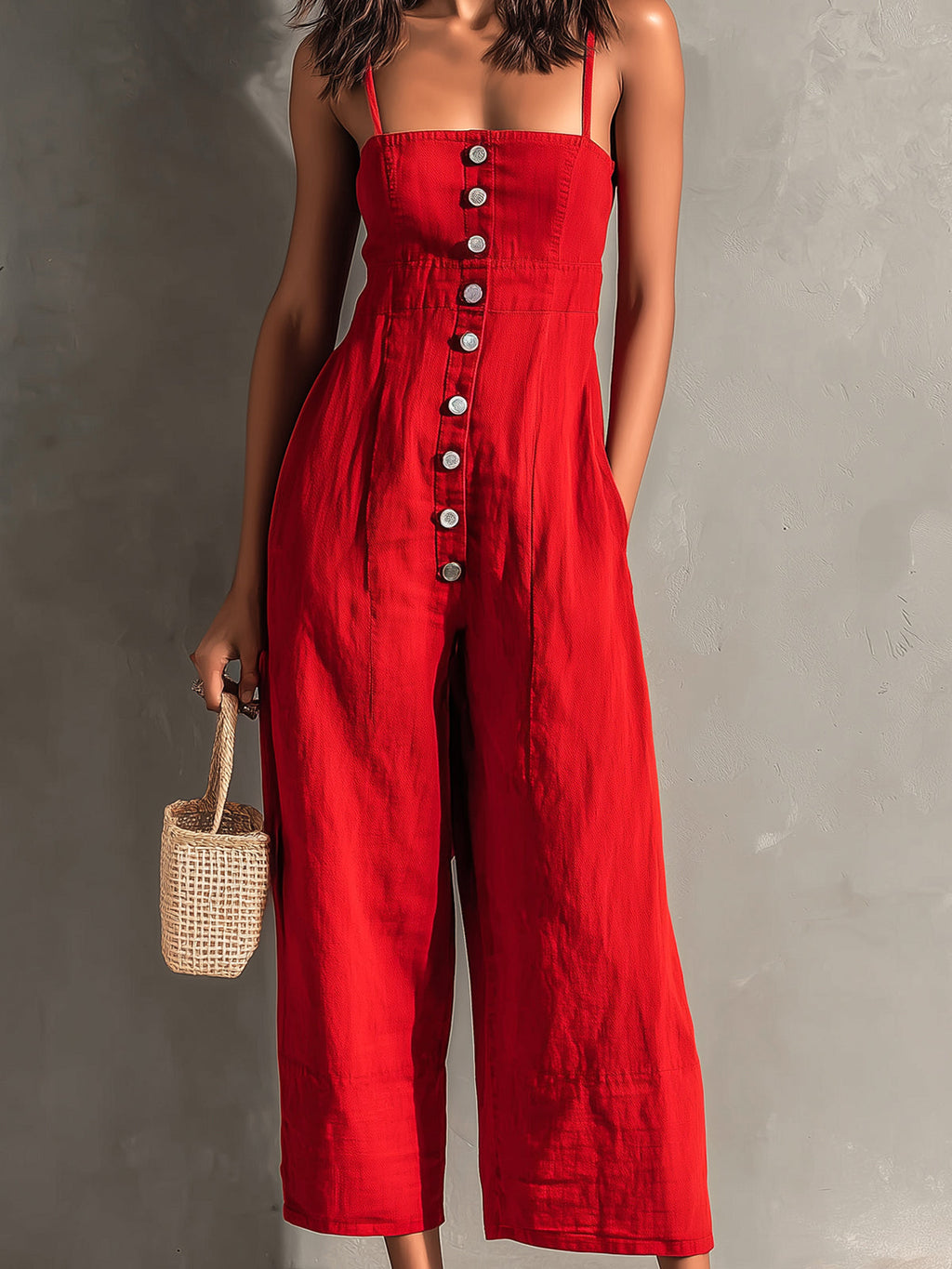 Chic Elegant Red Cotton Washed Spaghetti-Strap Square-Neck Sleeveless Button-Front Tailored-Waist Wide-Leg Jumpsuit