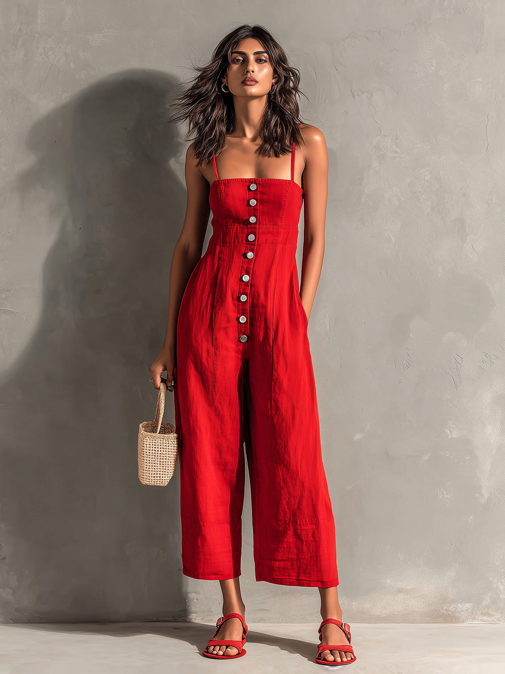 Chic Elegant Red Cotton Washed Spaghetti-Strap Square-Neck Sleeveless Button-Front Tailored-Waist Wide-Leg Jumpsuit