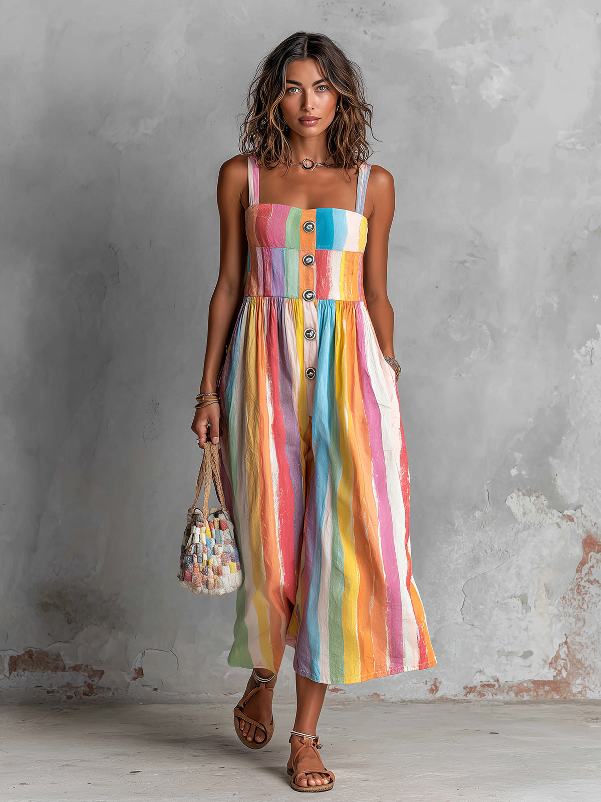 Chic Elegant Colorful Print Spaghetti-Strap Square-Neck Sleeveless Button-Front Loose-Fit Wide-Leg Cropped Jumpsuit