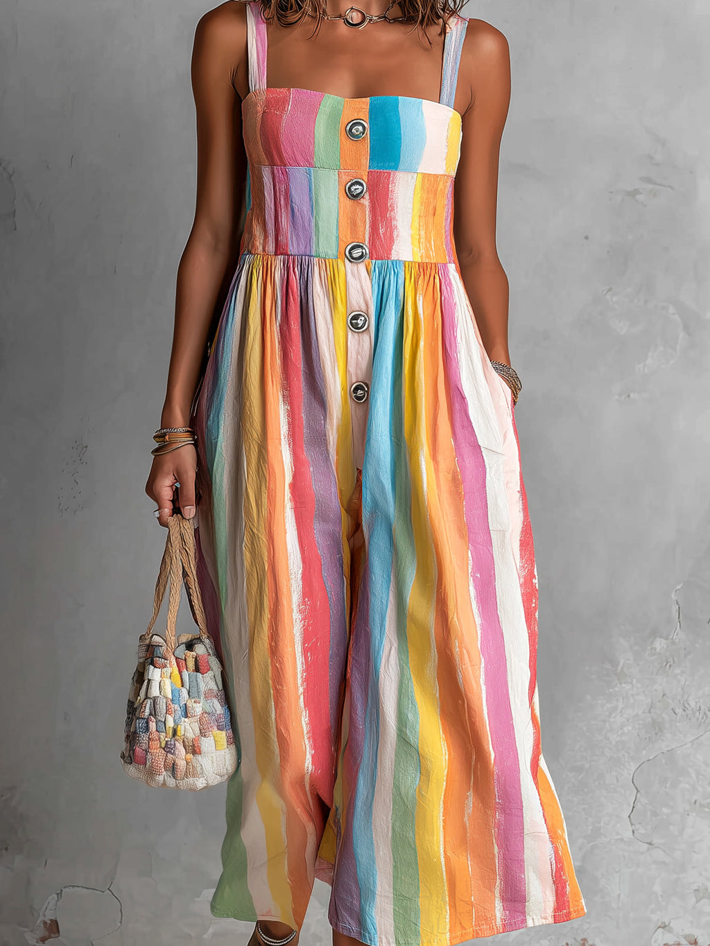Chic Elegant Colorful Print Spaghetti-Strap Square-Neck Sleeveless Button-Front Loose-Fit Wide-Leg Cropped Jumpsuit