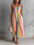 Chic Elegant Colorful Print Spaghetti-Strap Square-Neck Sleeveless Button-Front Loose-Fit Wide-Leg Cropped Jumpsuit