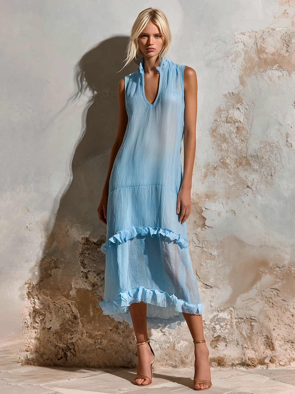 Chic Elegant Light Blue Stand-Collar V-Neck Sleeveless Tiered Ruffle Hem Loose-Fit Crinkled Chiffon Midi Dress