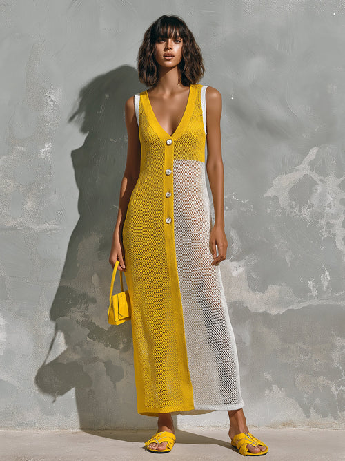 Chic Elegant Yellow-White Colorblock V-Neck Sleeveless Button-Front A-Line Mesh Knit Maxi Dress