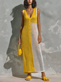 Chic Elegant Yellow-White Colorblock V-Neck Sleeveless Button-Front A-Line Mesh Knit Maxi Dress