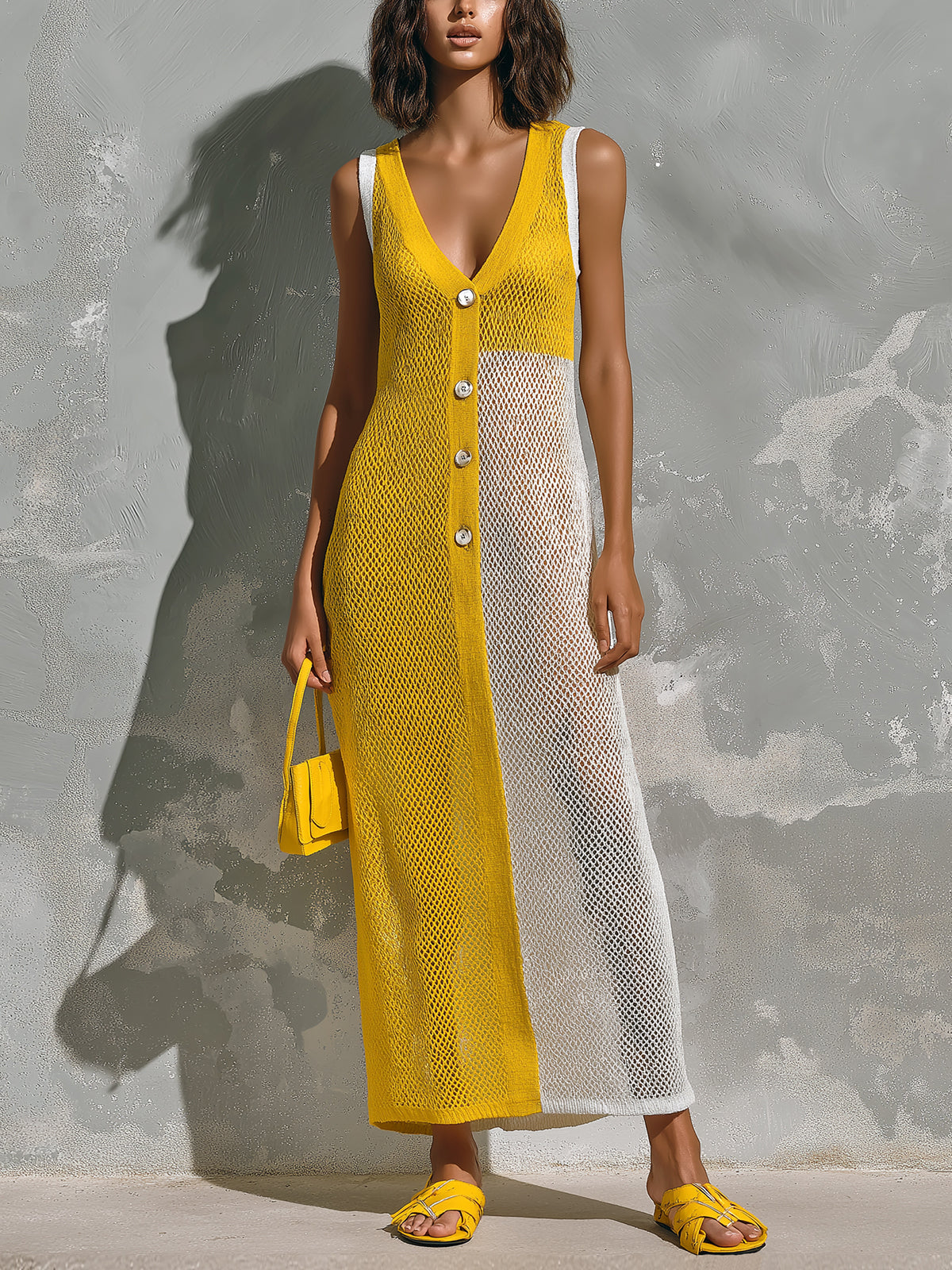 Chic Elegant Yellow-White Colorblock V-Neck Sleeveless Button-Front A-Line Mesh Knit Maxi Dress