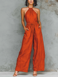 Chic Elegant Red Halter-Neck Sleeveless Tailored-Waist Cotton Blend Wide-Leg Jumpsuit