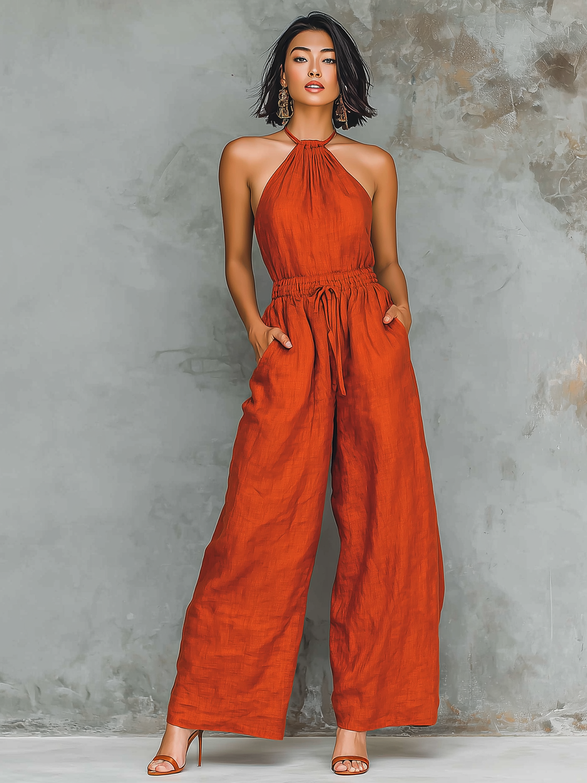 Chic Elegant Red Halter-Neck Sleeveless Tailored-Waist Cotton Blend Wide-Leg Jumpsuit