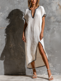 Chic Elegant White V-Neck Contrast Blanket Stitch Trim Short-Sleeve Loose-Fit Side Slit Cotton-Linen Blend Midi Dress
