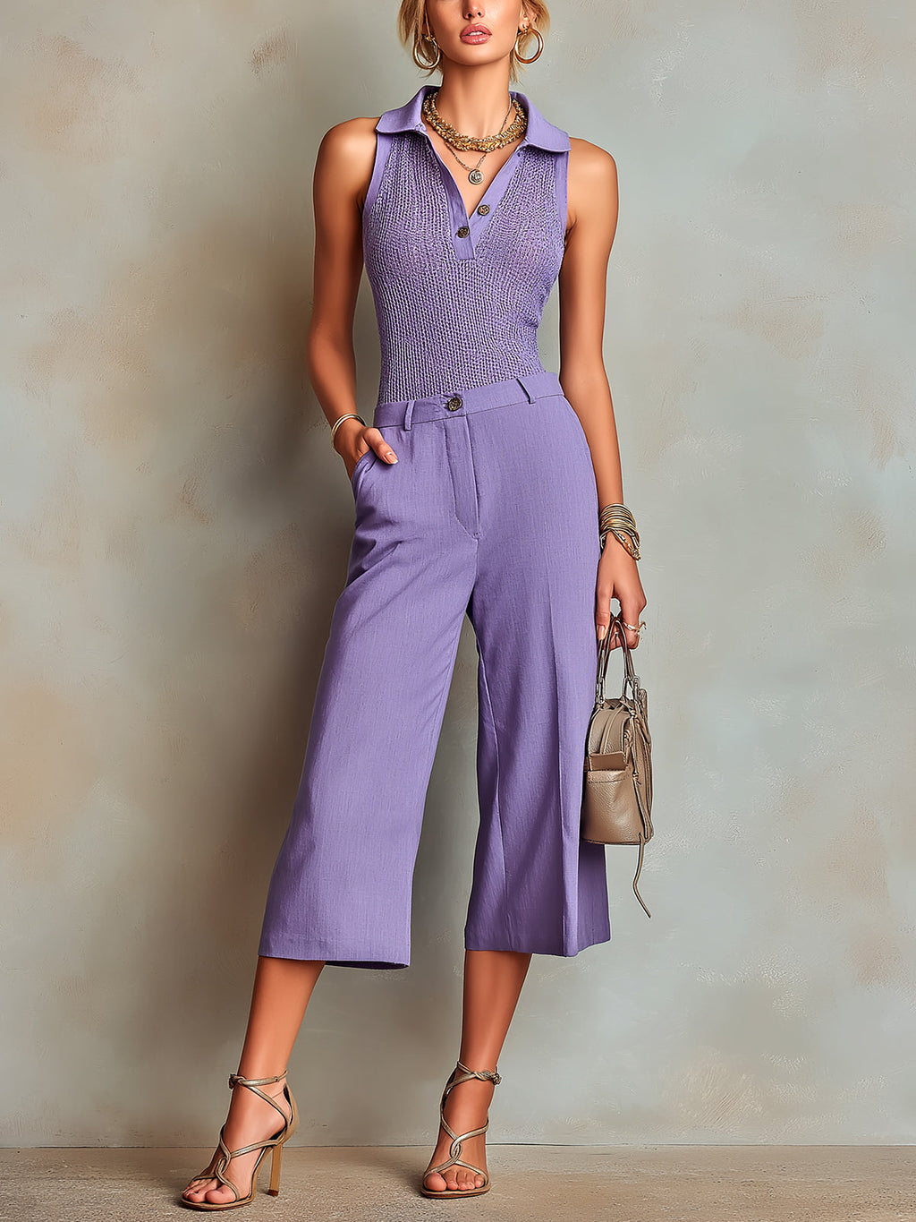 Chic Elegant Violet Polo-Neck Sleeveless Mesh Knit Vest Cotton-Linen Blend Slim-Fit Straight Cropped Pants Two Piece Set