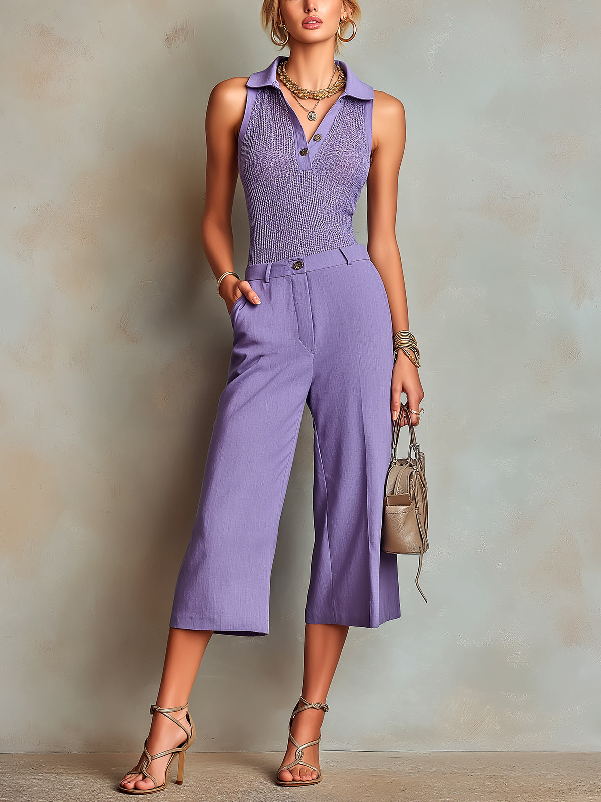 Chic Elegant Violet Polo-Neck Sleeveless Mesh Knit Vest Cotton-Linen Blend Slim-Fit Straight Cropped Pants Two Piece Set