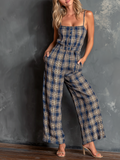 Chic Elegant Navy-Beige Plaid Spaghetti-Strap Button-Front Sleeveless Tailored-Waist Cotton Blend Wide-Leg Jumpsuit