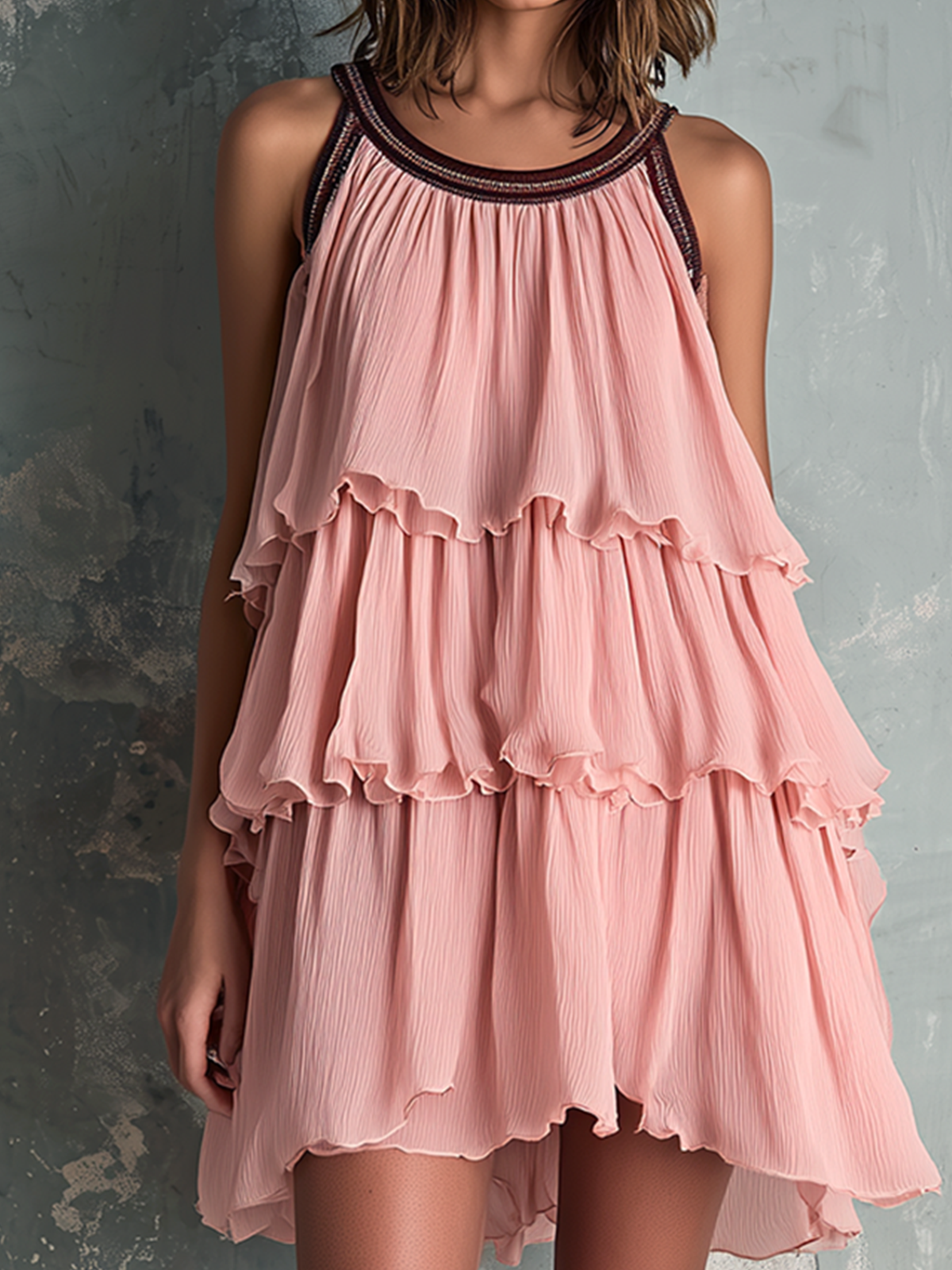 Chic Elegant Blush Pink Contrast Trim Round-Neck  Sleeveless Tiered Ruffle Loose-Fit Crinkled Chiffon Mini Dress
