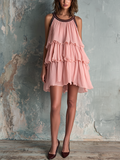 Chic Elegant Blush Pink Contrast Trim Round-Neck  Sleeveless Tiered Ruffle Loose-Fit Crinkled Chiffon Mini Dress