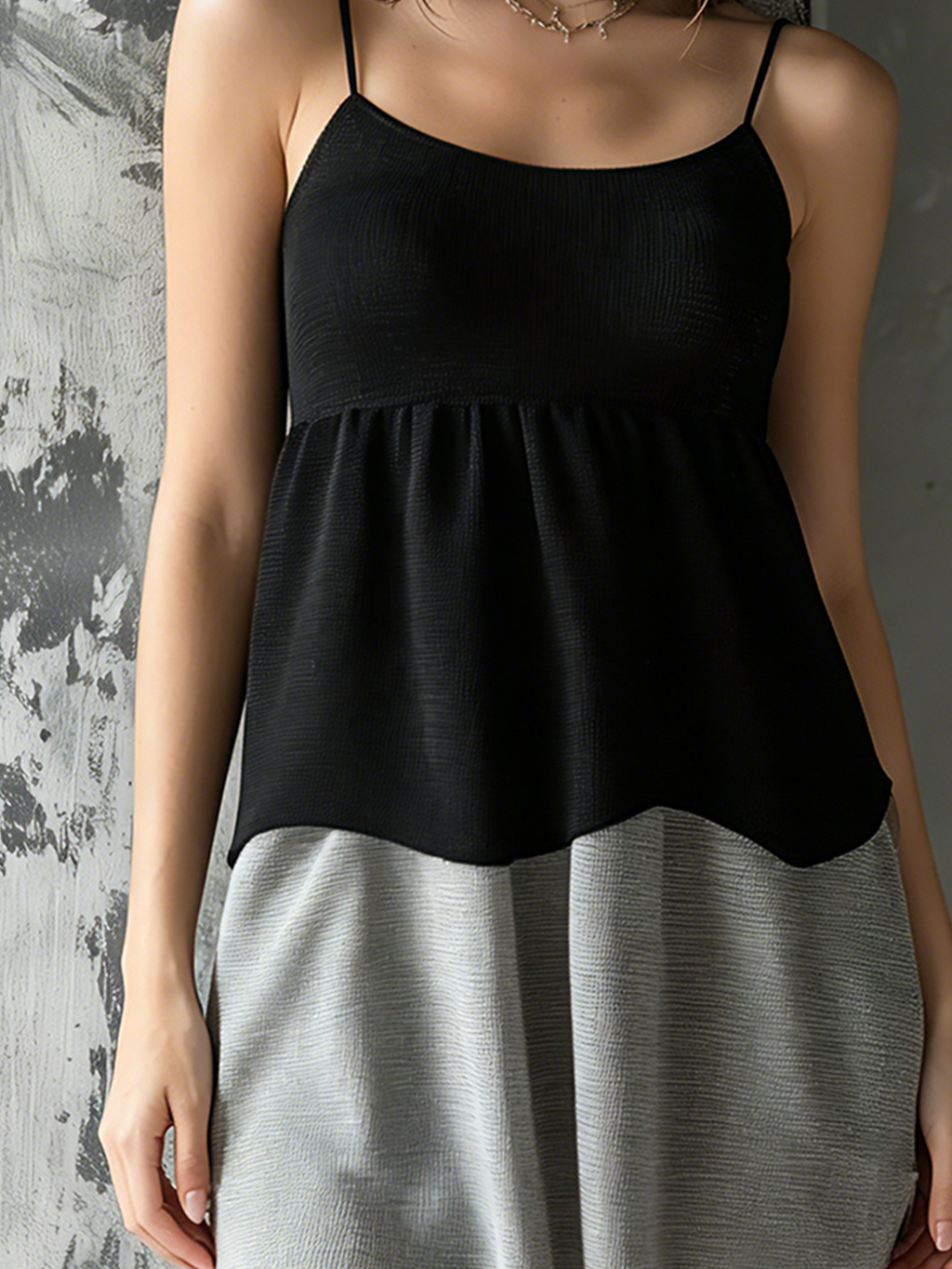 Chic Elegant Black-Grey Wavy Colorblock Spaghetti-Strap Sleeveless Loose-Fit Knit Mini Dress