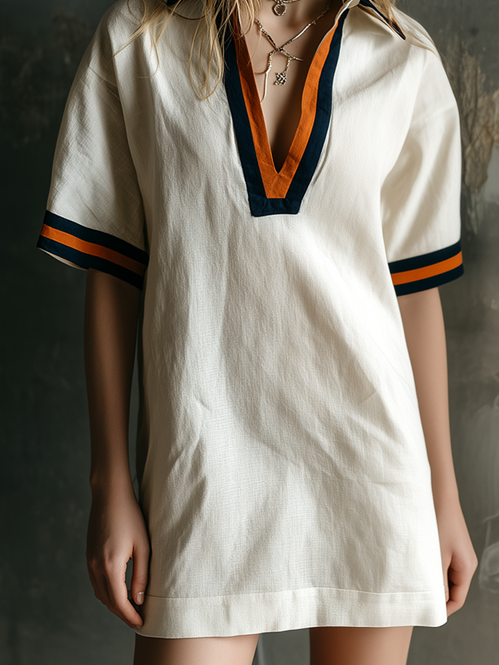 Chic Casual White Lapel Collar V-Neck Contrast Trim Short-Sleeve Loose-Fit Cotton-Linen Blend Mini Dress