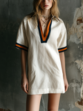 Chic Casual White Lapel Collar V-Neck Contrast Trim Short-Sleeve Loose-Fit Cotton-Linen Blend Mini Dress