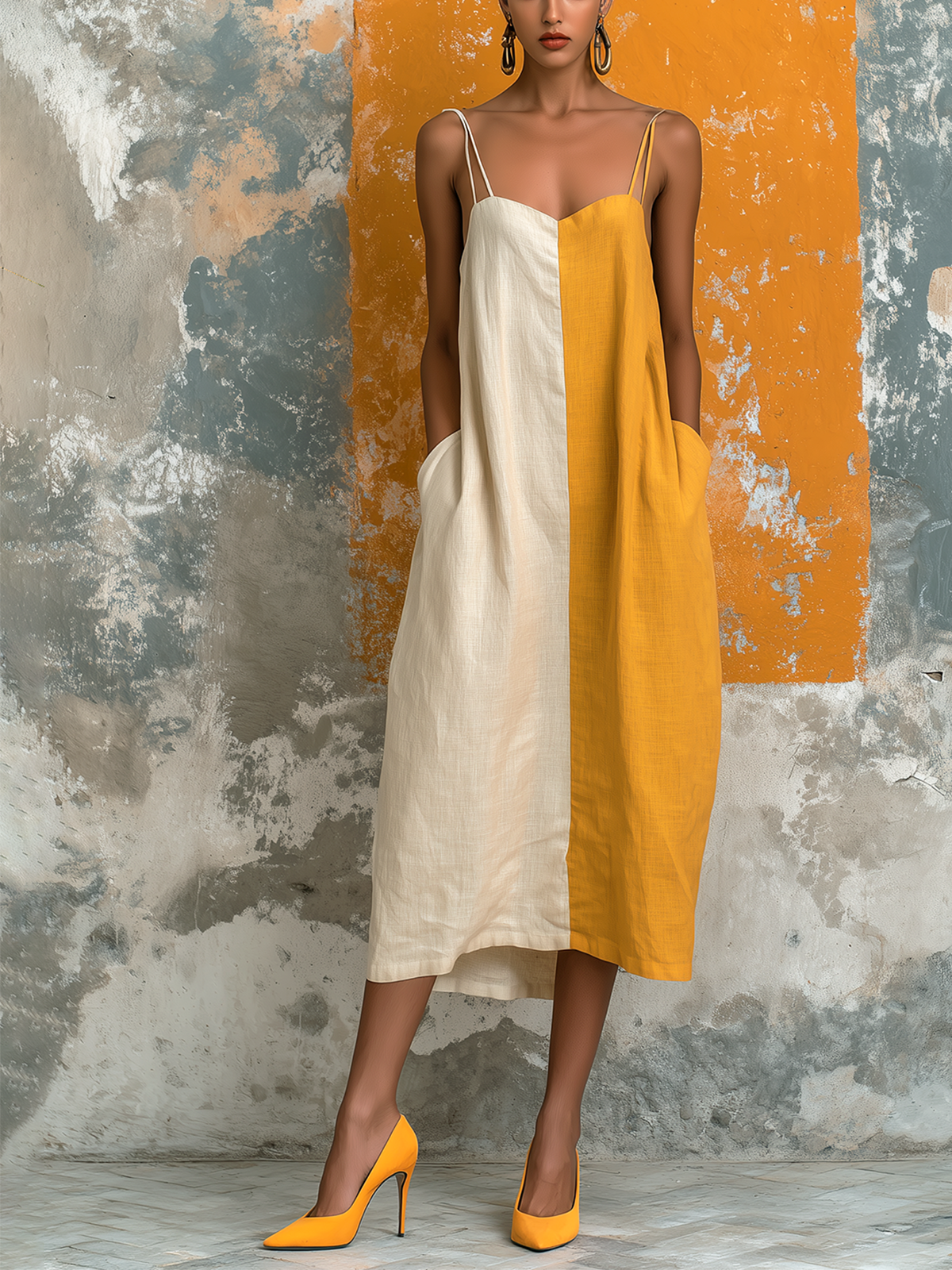 Chic Elegant White-Mustard Yellow Colorblock Spaghetti-Strap Sweetheart Neck Sleeveless Loose-Fit Cotton-Linen Blend Midi Dress