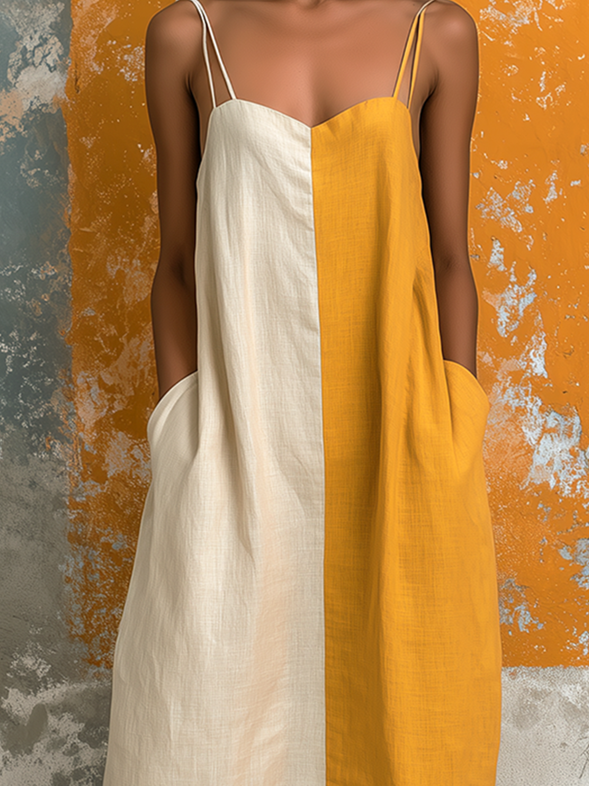 Chic Elegant White-Mustard Yellow Colorblock Spaghetti-Strap Sweetheart Neck Sleeveless Loose-Fit Cotton-Linen Blend Midi Dress