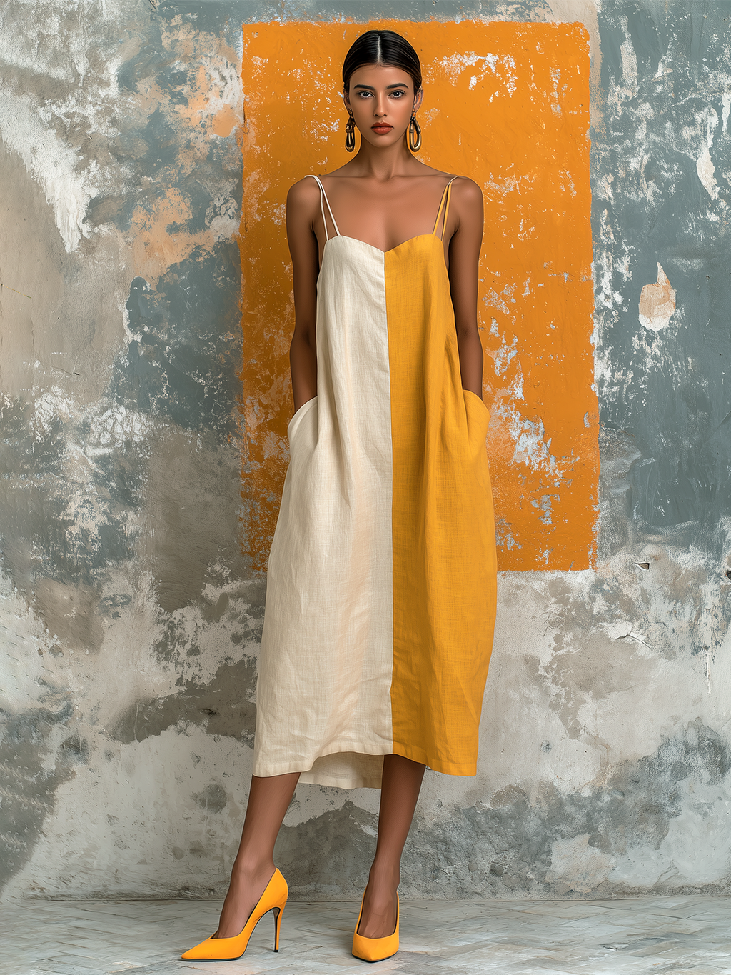 Chic Elegant White-Mustard Yellow Colorblock Spaghetti-Strap Sweetheart Neck Sleeveless Loose-Fit Cotton-Linen Blend Midi Dress