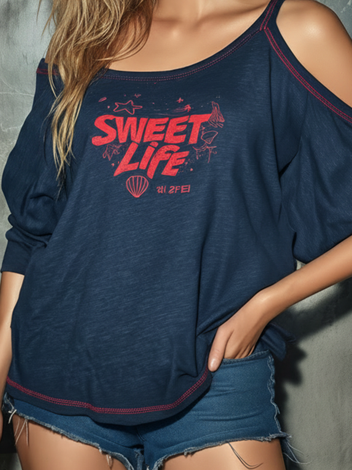 Chic Casual Navy Blue Round-Neck Letter Print Cold Shoulder Contrast Stitching Dolman Sleeve Oversize Slub Cotton Fabric T-Shirt Top