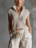 Chic Casual Cream Stand Collar Zipper-Front Cap Sleeve Loose-Fit Mesh Knit Sweater Top