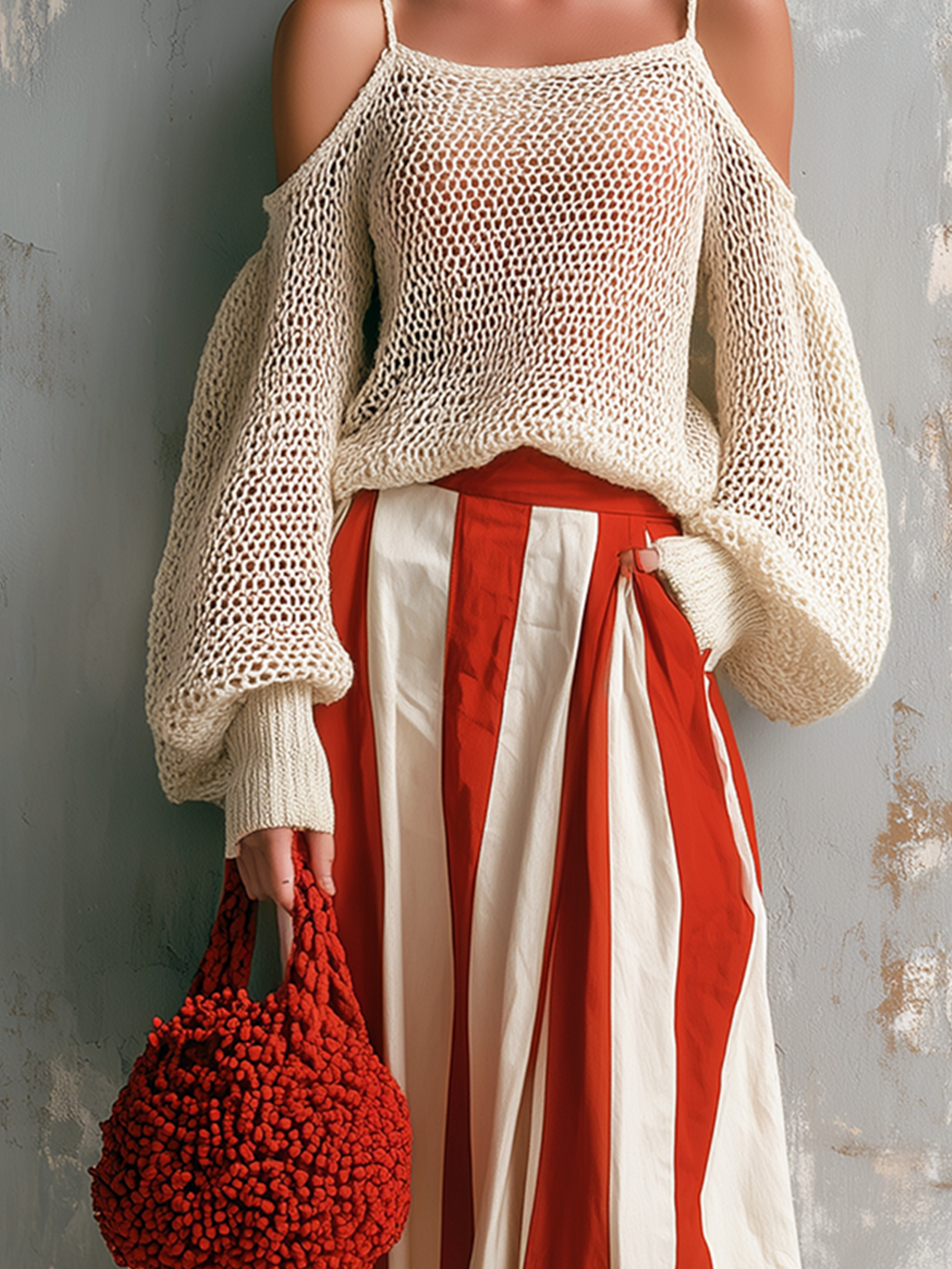 Chic Elegant Off-White Spaghetti-Strap Cold-Shoulder Balloon Sleeves Loose-Fit Knit Sweater White-Red Stripes Cotton Blend A-Line Midi Skirt Two-Piece Set