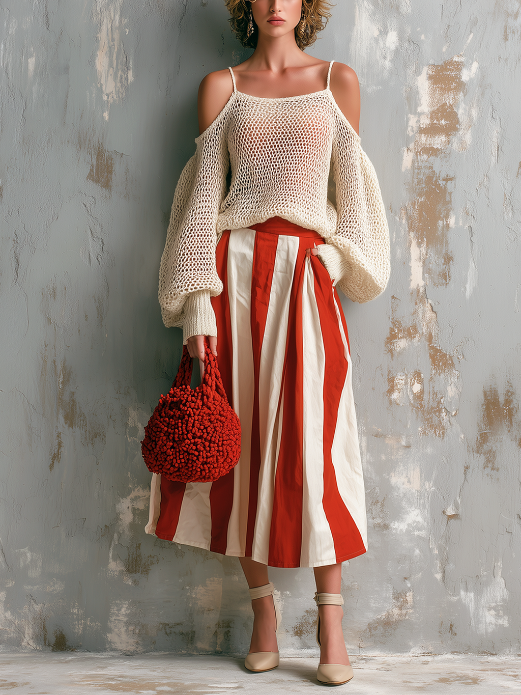 Chic Elegant Off-White Spaghetti-Strap Cold-Shoulder Balloon Sleeves Loose-Fit Knit Sweater White-Red Stripes Cotton Blend A-Line Midi Skirt Two-Piece Set