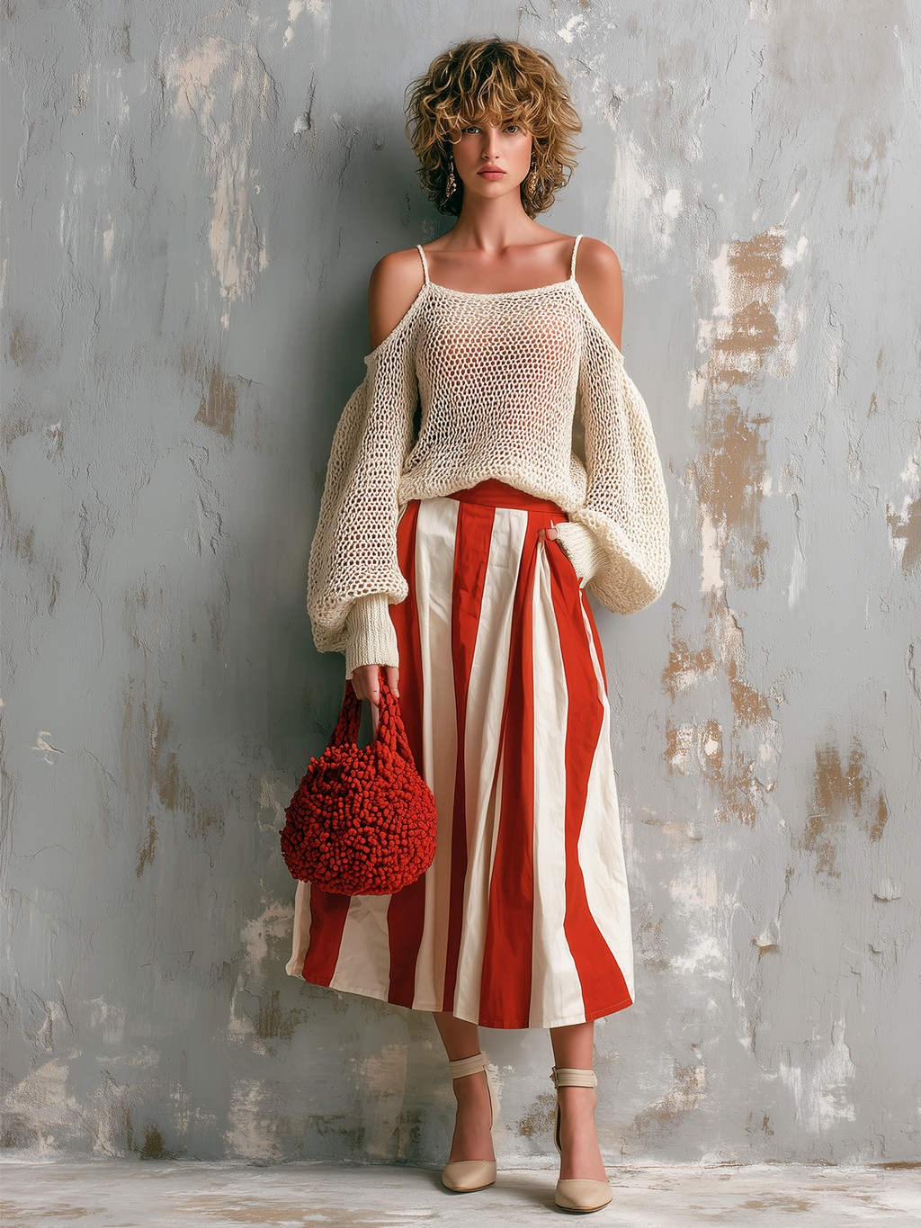 Chic Elegant Off-White Spaghetti-Strap Cold-Shoulder Balloon Sleeves Loose-Fit Knit Sweater White-Red Stripes Cotton Blend A-Line Midi Skirt Two-Piece Set