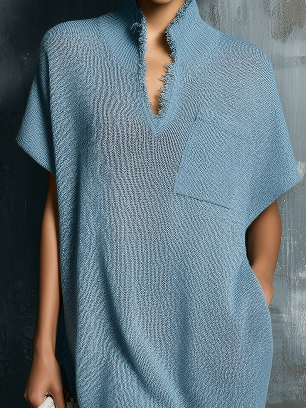 Chic Elegant Dusty Blue Stand Collar V-Neck Batwing Sleeve Patch Pocket  Fringed Hem Loose-Fit Knit Mini Dress