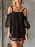 Chic Elegant Black Mesh Spaghetti-Strap Off-The-Shoulder Short-Sleeve A-Line Loose-Fit Mini Dress
