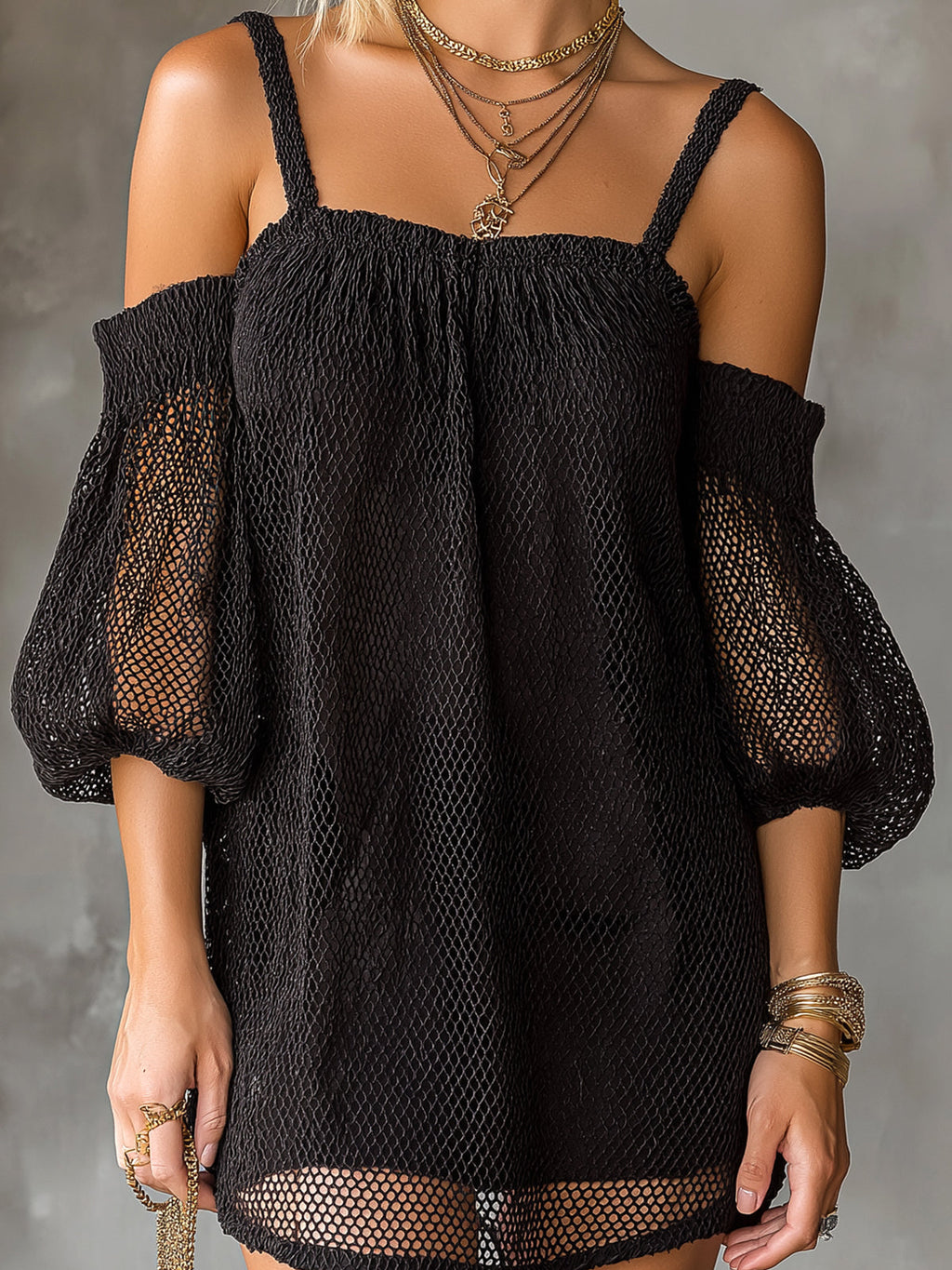 Chic Elegant Black Mesh Spaghetti-Strap Off-The-Shoulder Short-Sleeve A-Line Loose-Fit Mini Dress