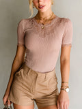Chic Elegant Pink Pleated Cotton Blend Round-Neck Short-Sleeve Lace Patchwork Detail Slim-Fit T-Shirt