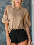 Chic Elegant Camel Round-Neck Short-Lantern-Sleeve Hollow-Out Detail Loose-Fit Knit Sweater Top