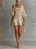 Chic Elegant Beige Patchwork Square-Neck Short-Sleeve Cold-Shoulder Loose-Fit A-Line Knit Mini Dress