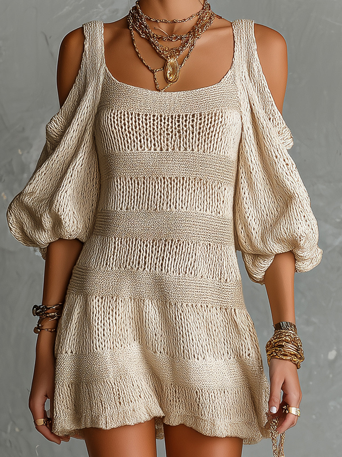 Chic Elegant Beige Patchwork Square-Neck Short-Sleeve Cold-Shoulder Loose-Fit A-Line Knit Mini Dress
