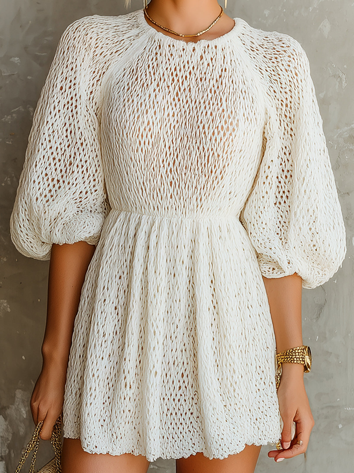 Chic Elegant Cream White Round-Neck Short-Lantern-Sleeve Loose-Fit A-Line Knit Mini Dress