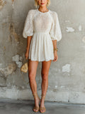 Chic Elegant Cream White Round-Neck Short-Lantern-Sleeve Loose-Fit A-Line Knit Mini Dress